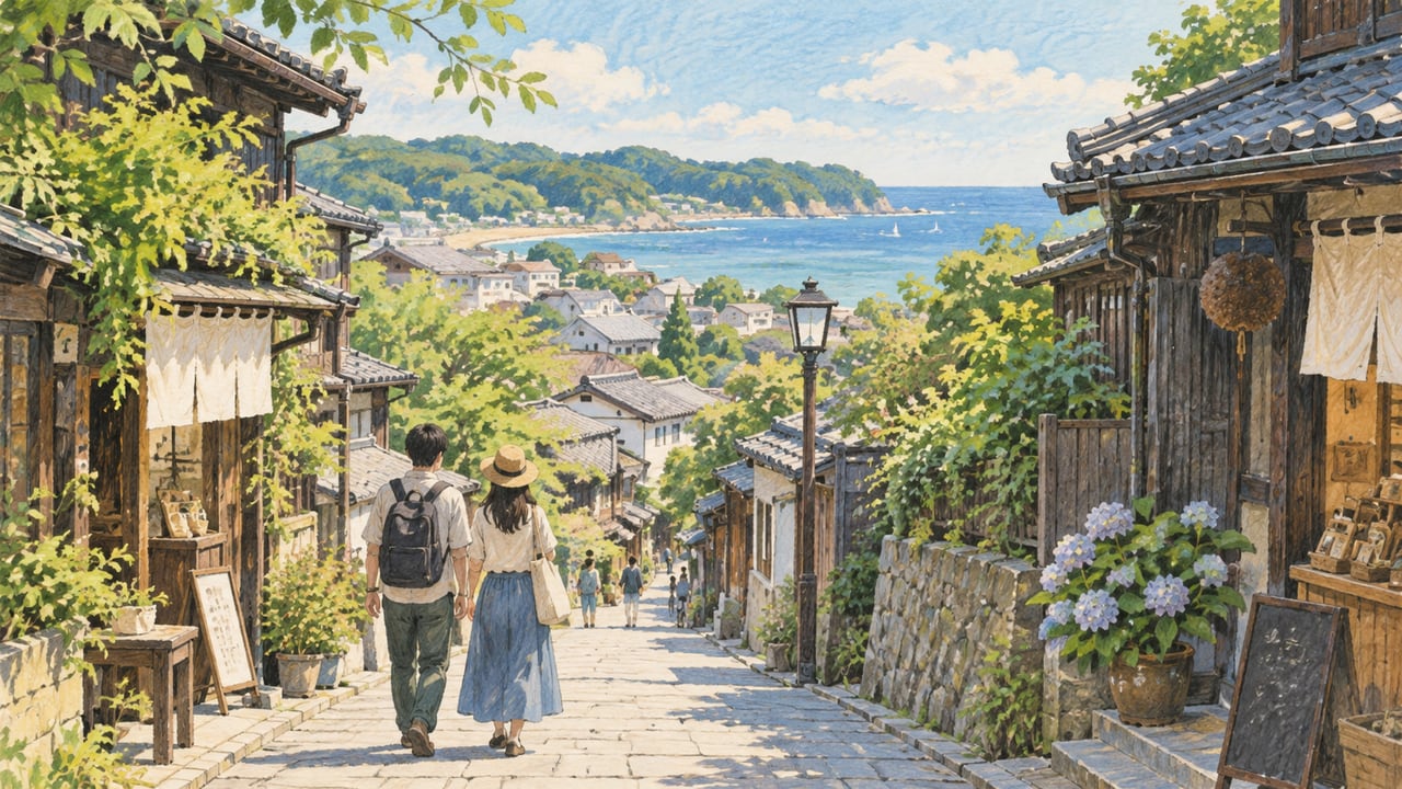 옛거리 산책과 해안 풍경을 표현한 여행 일러스트 · AI 일러스트