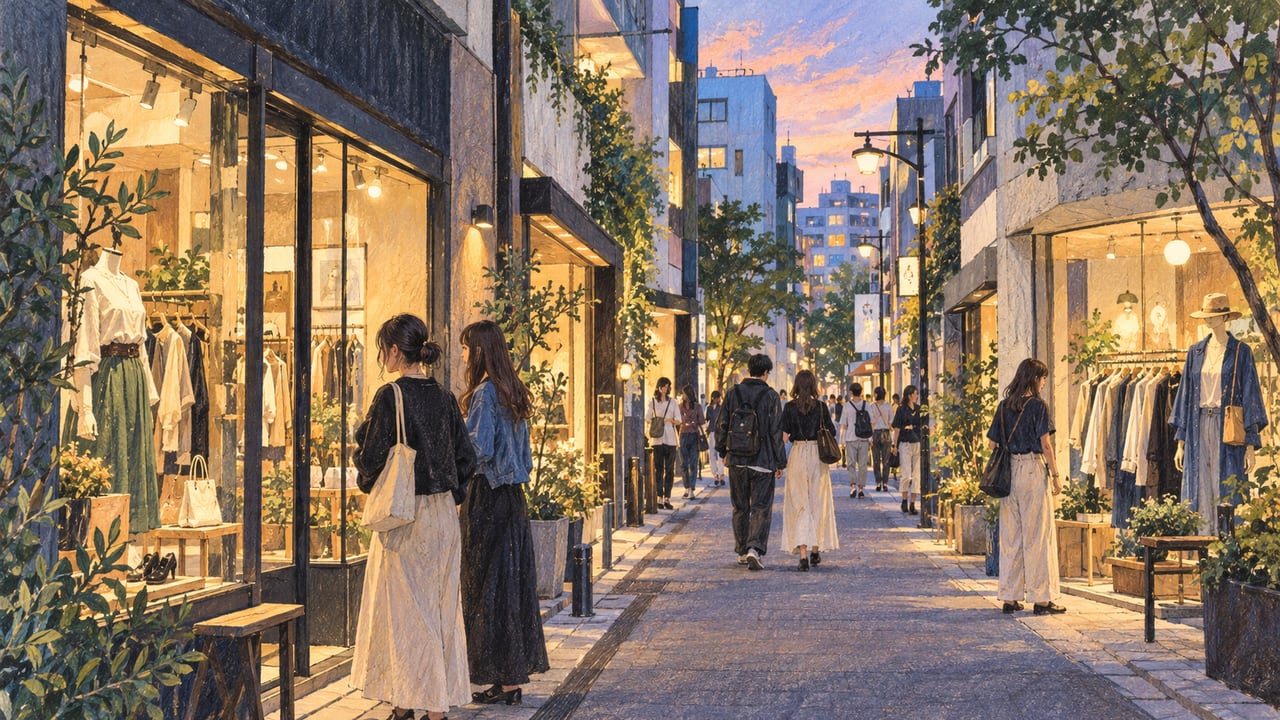 쇼핑 거리와 도심의 저녁을 표현한 여행 일러스트 · AI 일러스트